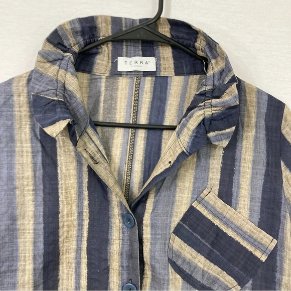 Terra Blue Tan Striped Lagenlook Artsy Button Down Size Medium - Picture 3 of 10